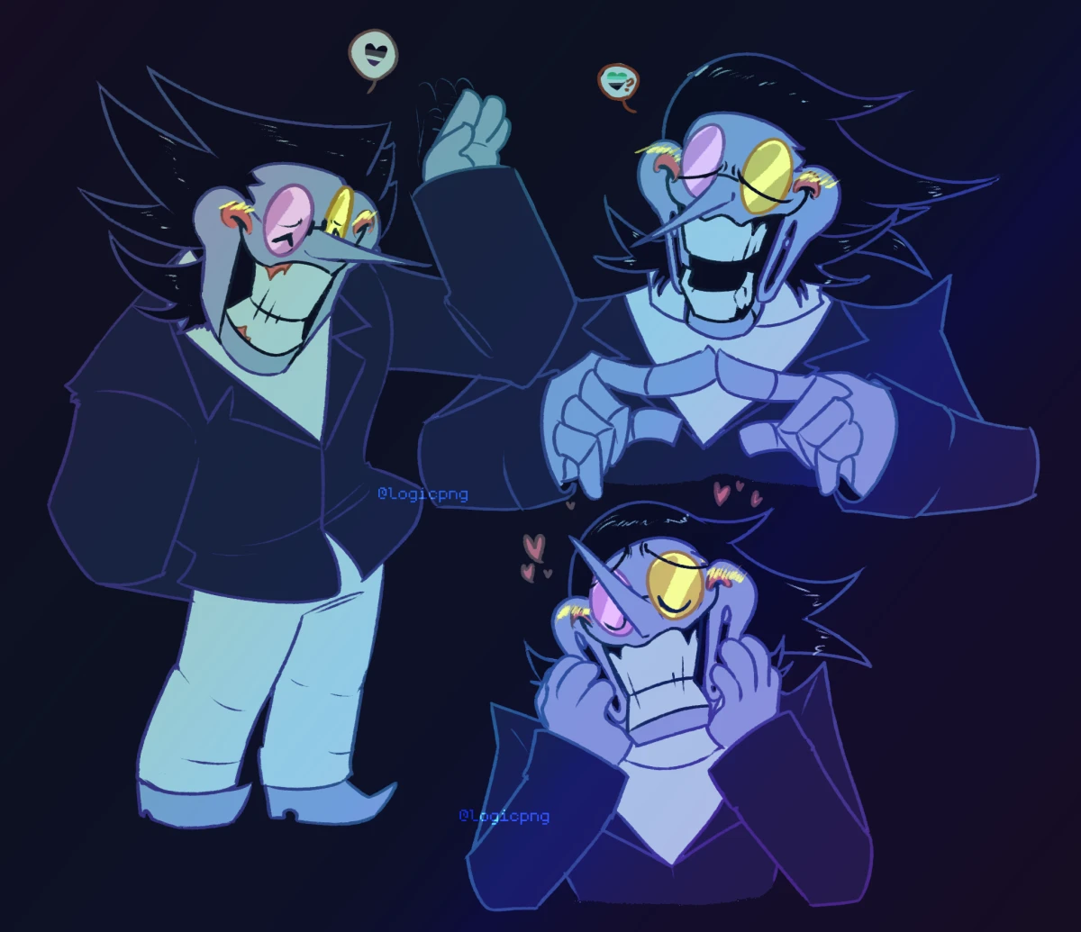 Drawings of three blushing Spamtons, two on the right stylized differently than the one on the left.